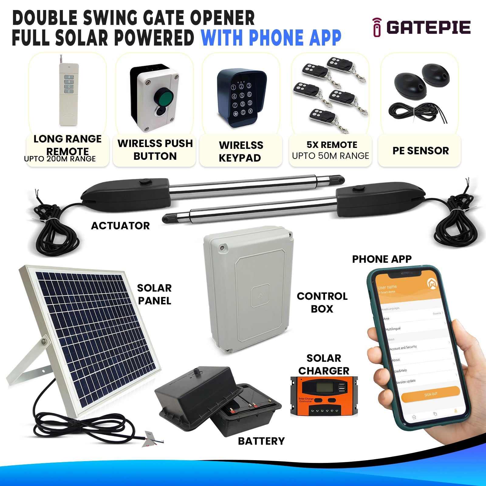 Solar Swing Solar Double Swing Gate Opener Motor DIy Kit with Wifi Phone App