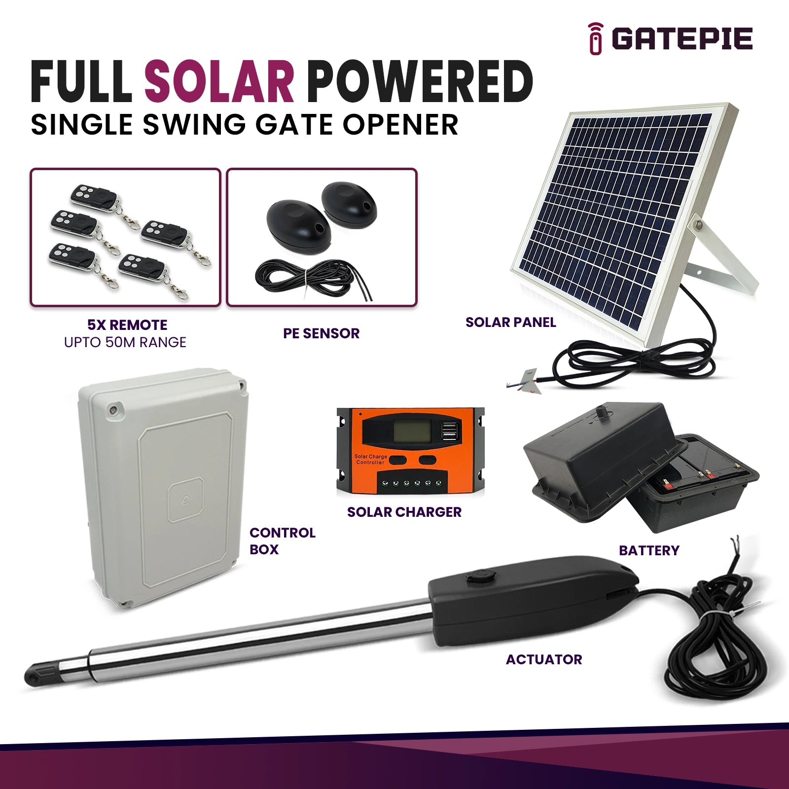 Full Solar Powered Automatic Single Swing Gate Opener Kit