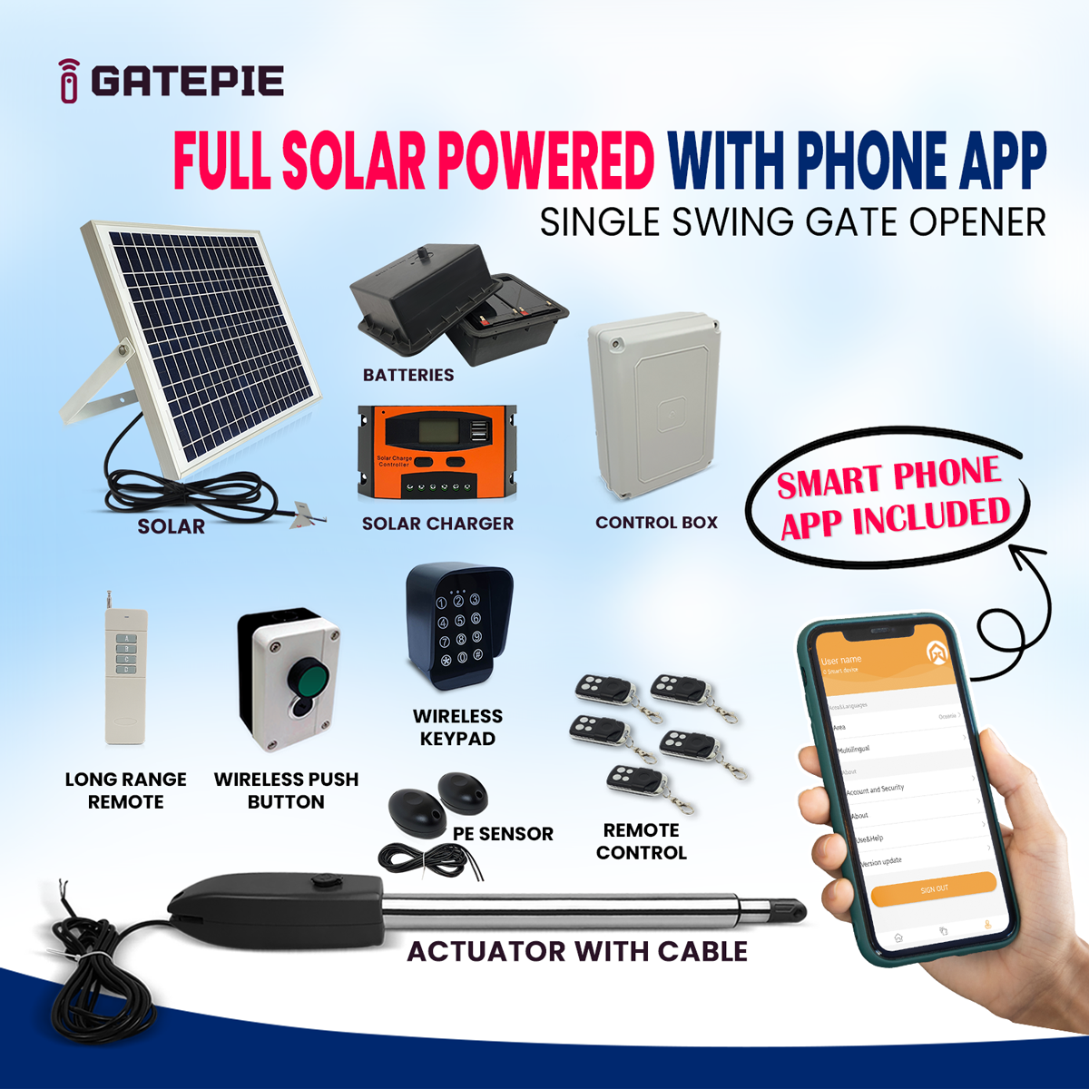 solar single swing gate opener with smart phone app