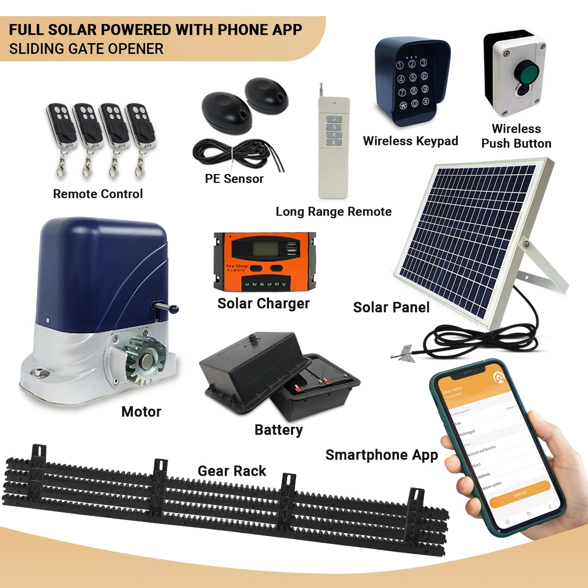 Full Solar Power Automatic Sliding Gate Opener Motor with WiFi Phone APP control