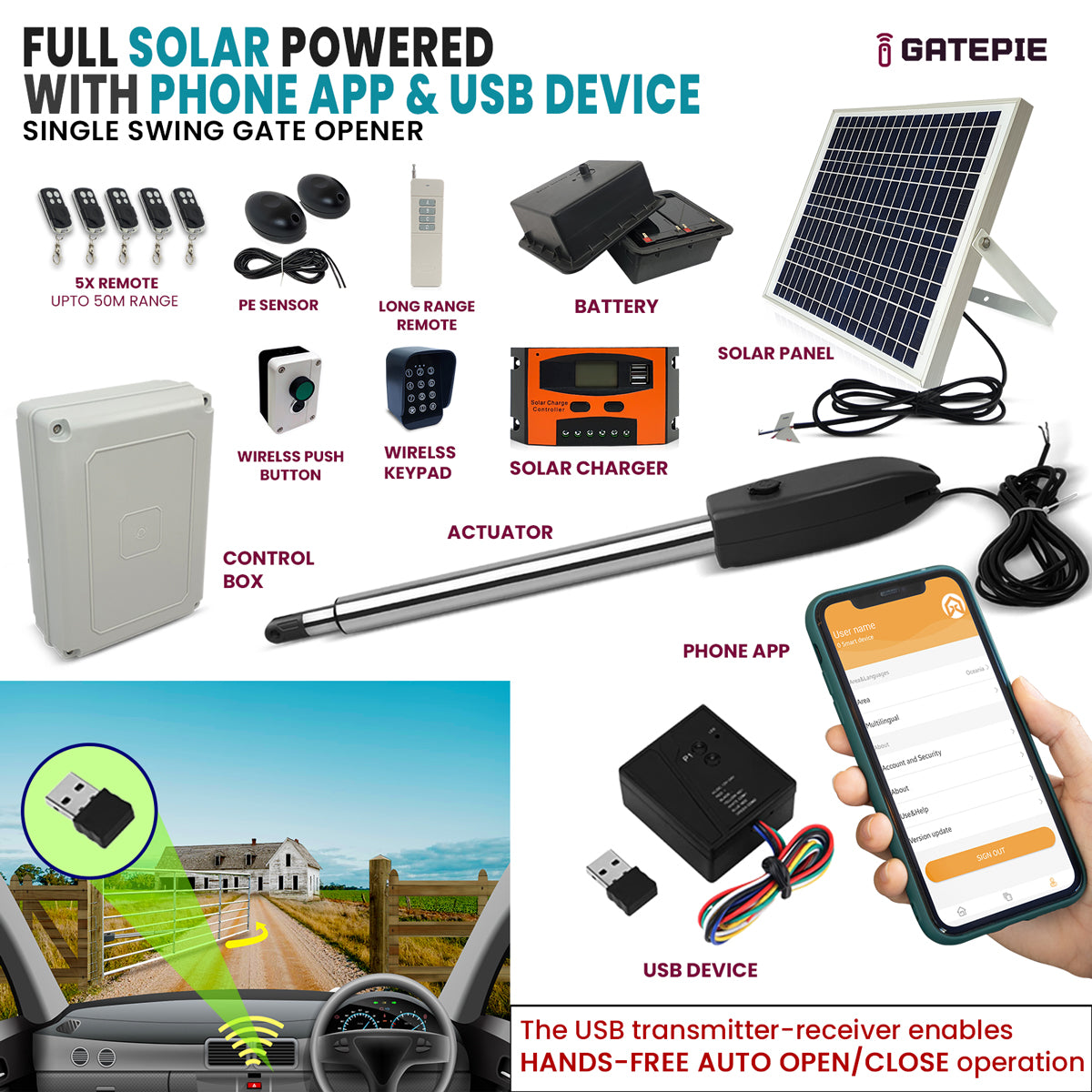 Solar Powered Single Swing Gate Opener with USB Receiver & WiFi Smart Phone APP