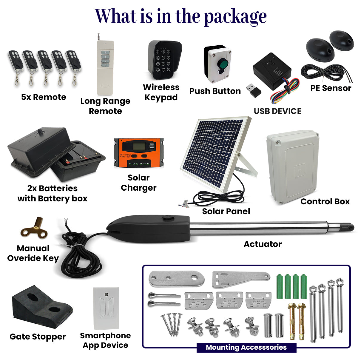 Solar Powered Single Swing Gate Opener with USB Receiver & WiFi Smart Phone APP