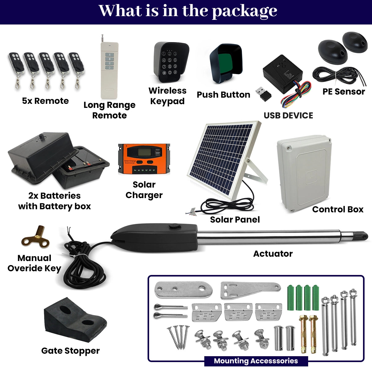 Full Solar Powered Automatic Single Swing Gate Opener Kit with USB Rec