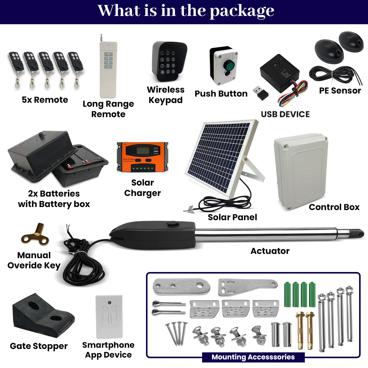 Full Solar Powered Automatic Single Swing Gate Opener Kit with USB Receiver