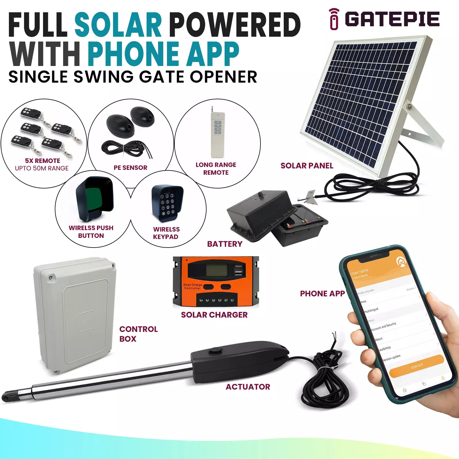 Full Solar Powered Single Swing Gate Opener Motor DIY kit with WiFi Phone APP