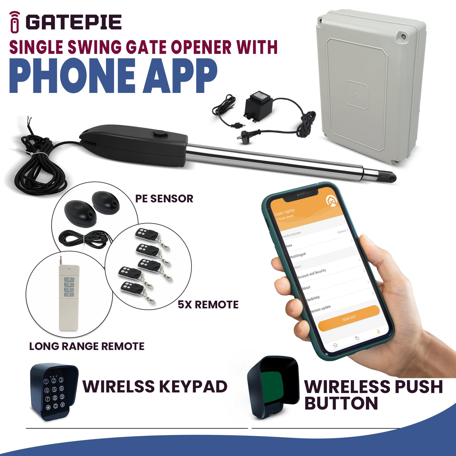 Electric Powered, Mogtol, Single Swing, Gate Opener, WiFi Smart Phone APP, gatomate