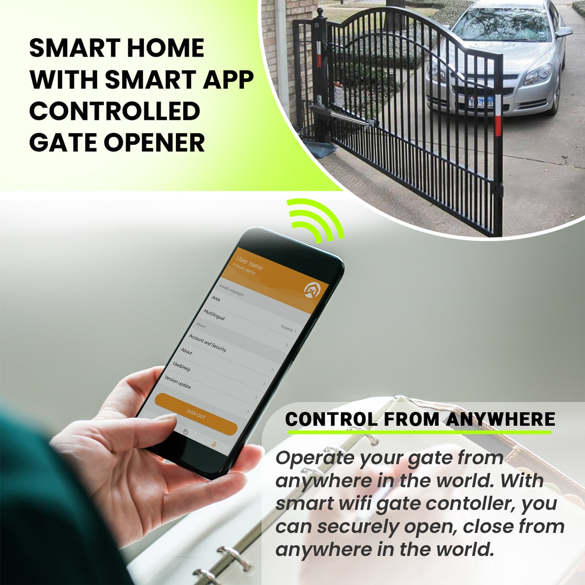 Full Solar Powered, Single Swing, Gate Opener Motor, DIY kit ,with WiFi Phone APP,gatomate