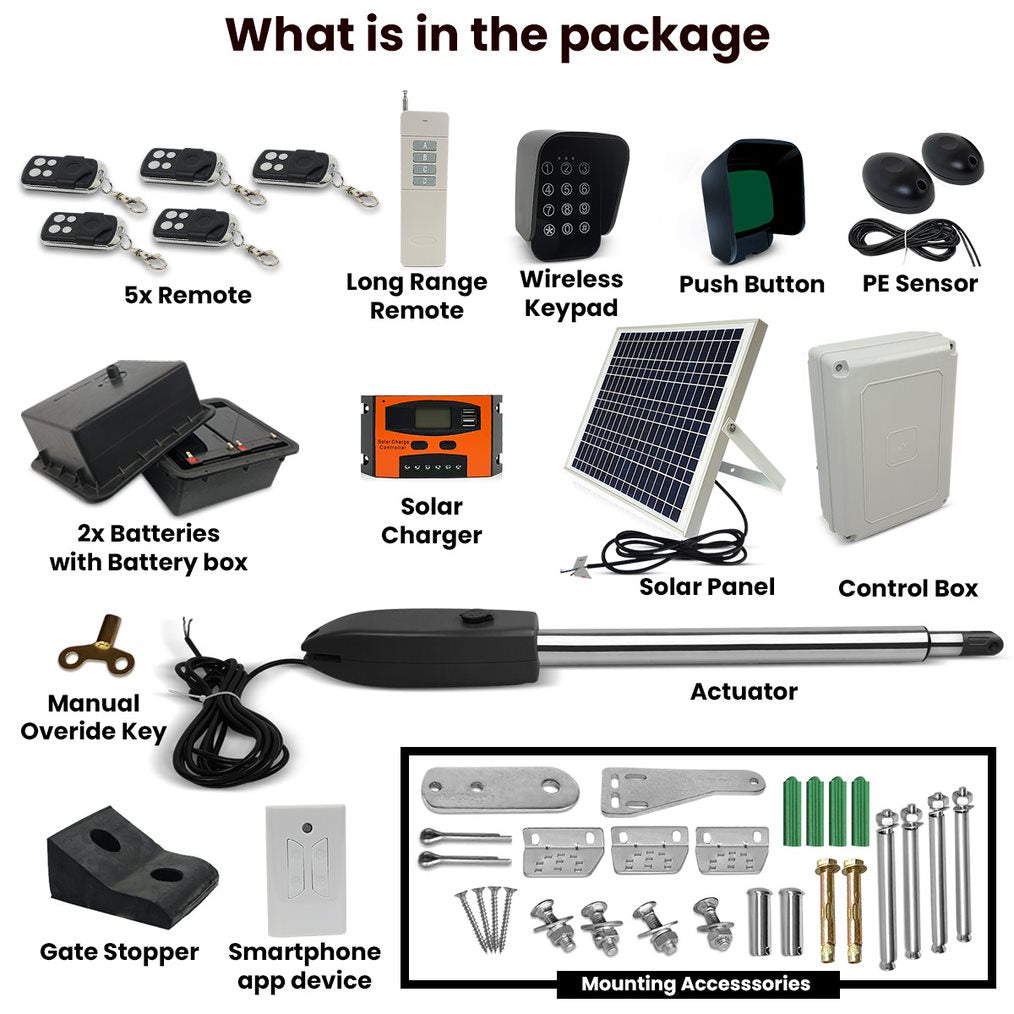 Full Solar Powered Single Swing Gate Opener Motor DIY kit with WiFi Phone APP